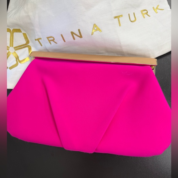 Trina Turk Handbags - Trina Turk Fuchsia Satin Clutch with Tan & Gold Trim & Dust Bag